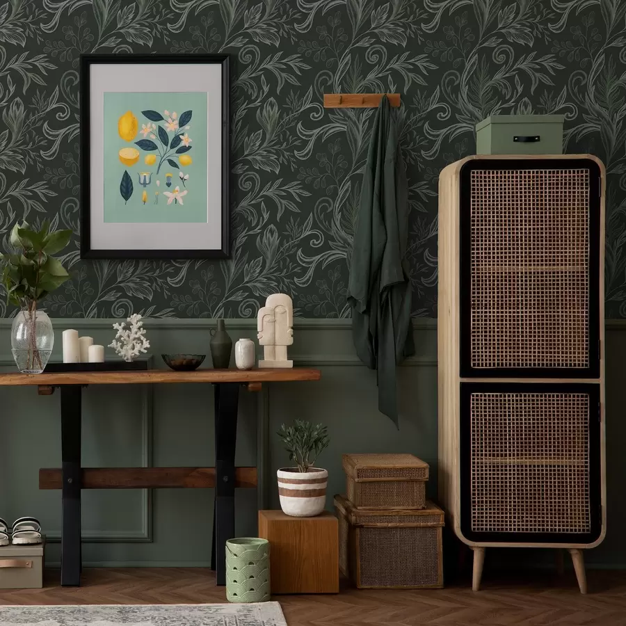 murais de parede Folhas enroladas da floresta profunda em tons de verde calcário a00935v2