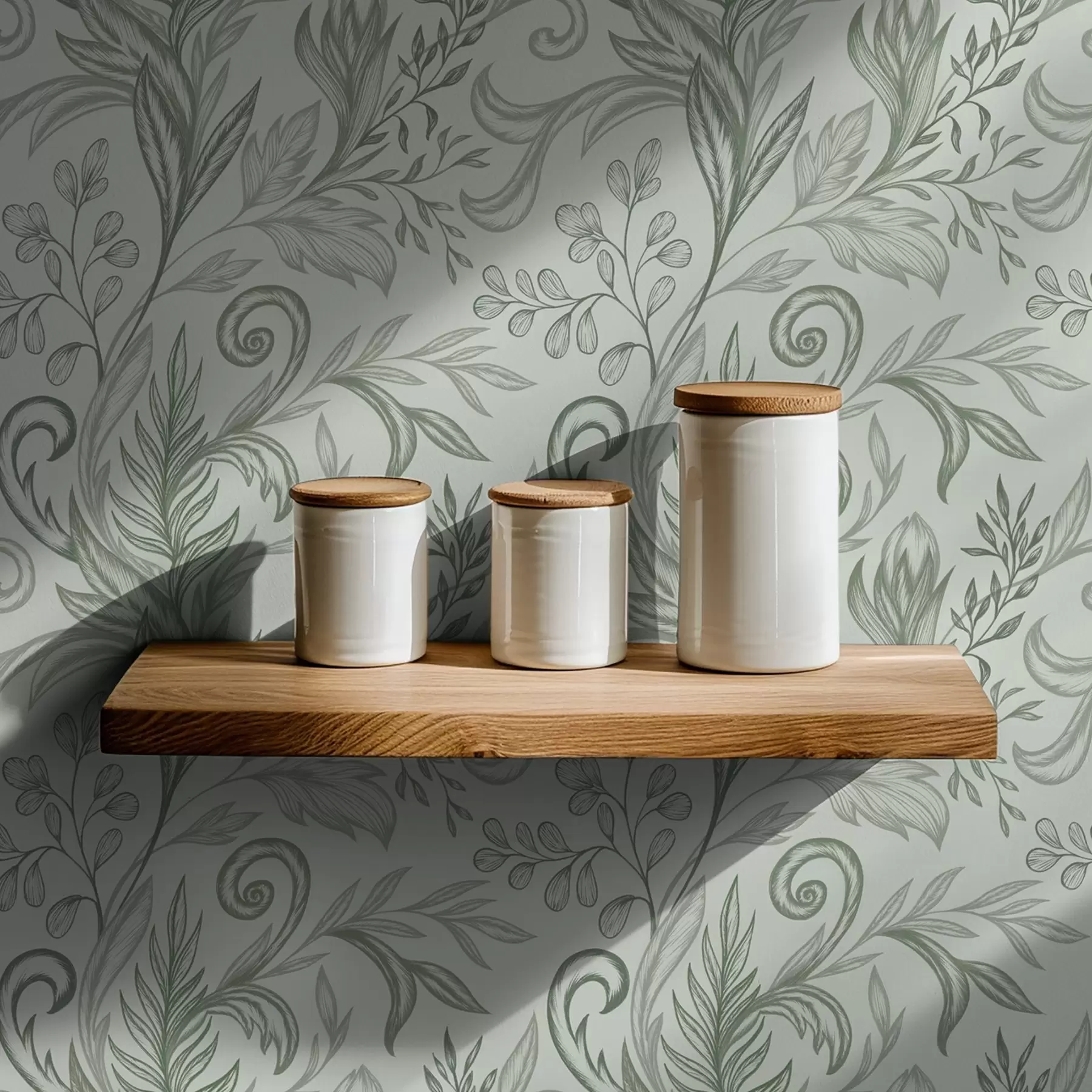 murais de parede Folhas suaves de hortelã enroladas em delicadas linhas cinza-esverdeadas a00935v3