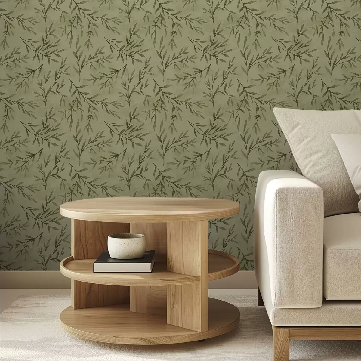 Papel de parede Raminhos de oliveira sobre um fundo texturado em tons suaves de amarelo-esverdeado a00936