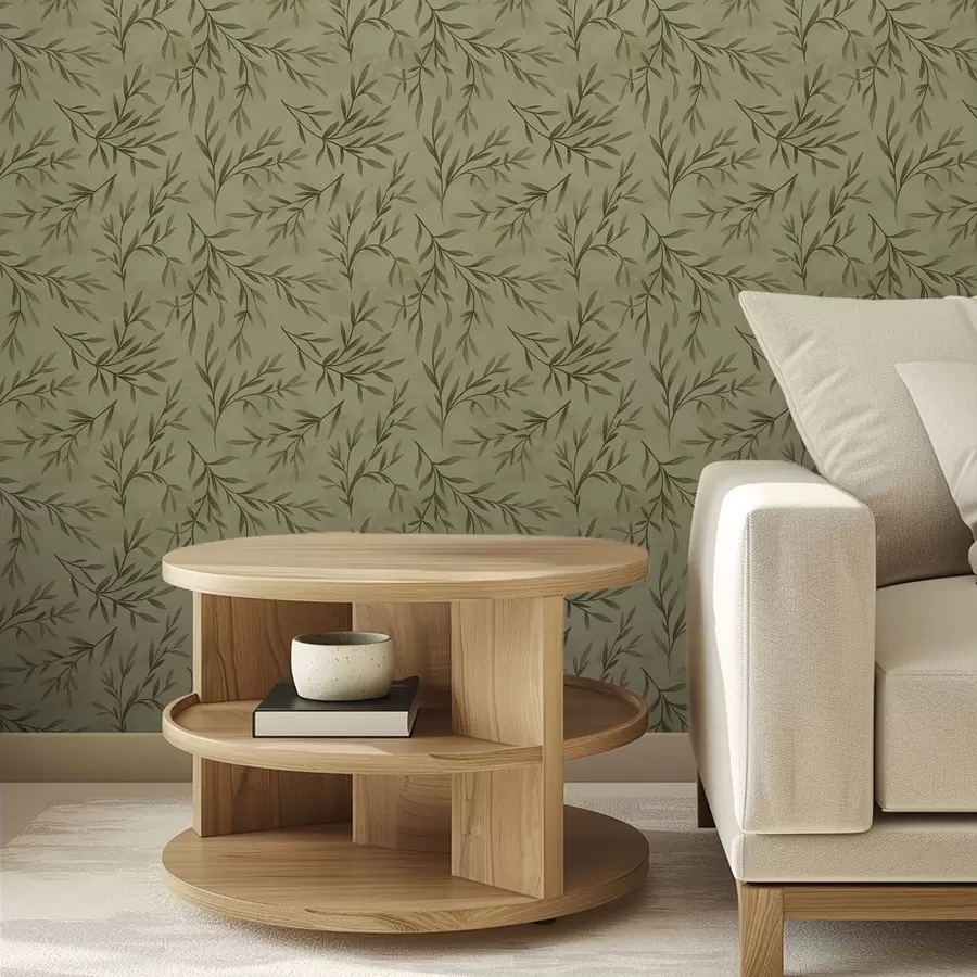 murais de parede Raminhos de oliveira sobre um fundo texturado em tons suaves de amarelo-esverdeado a00936