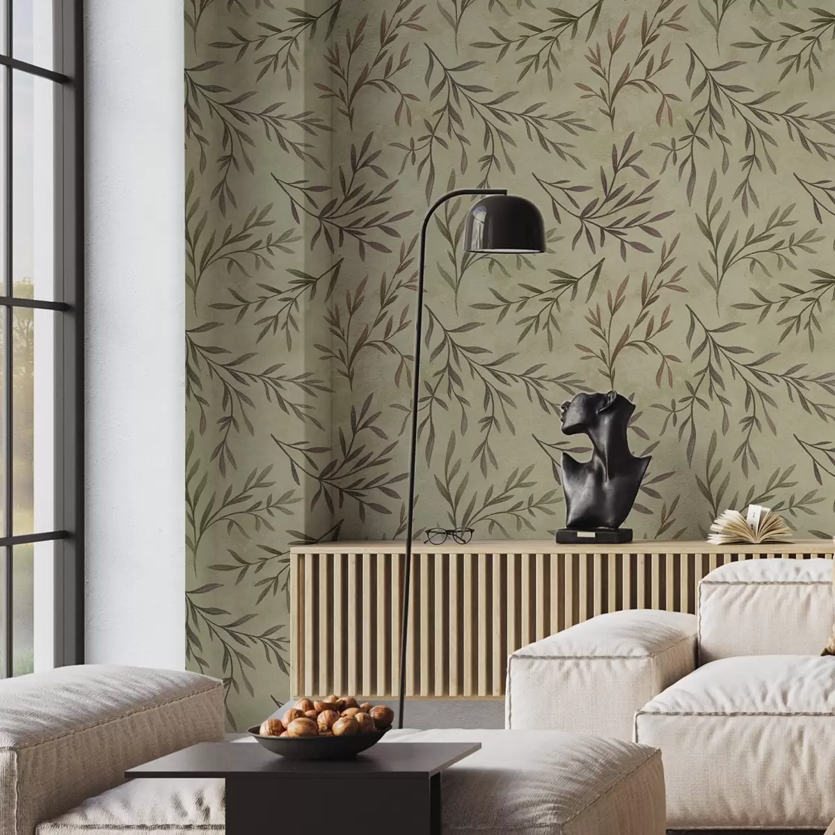 Papel de parede Ramos lilás e verdes com folhas num fundo quente a00936v4