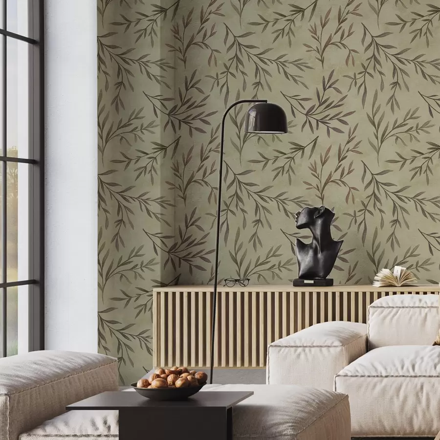 murais de parede Ramos lilás e verdes com folhas num fundo quente a00936v4