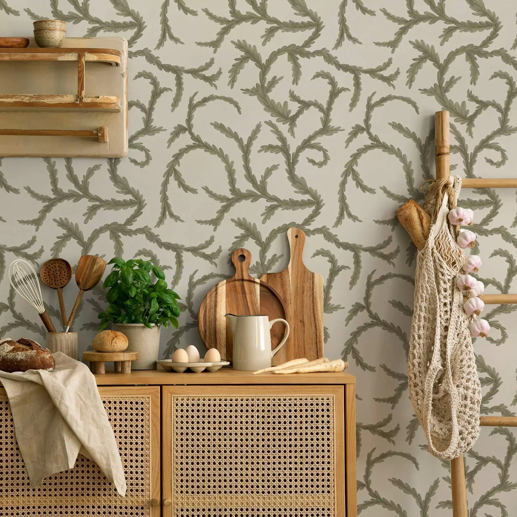 murais de parede Cachos verdes suaves de coníferas sobre um fundo claro a00938