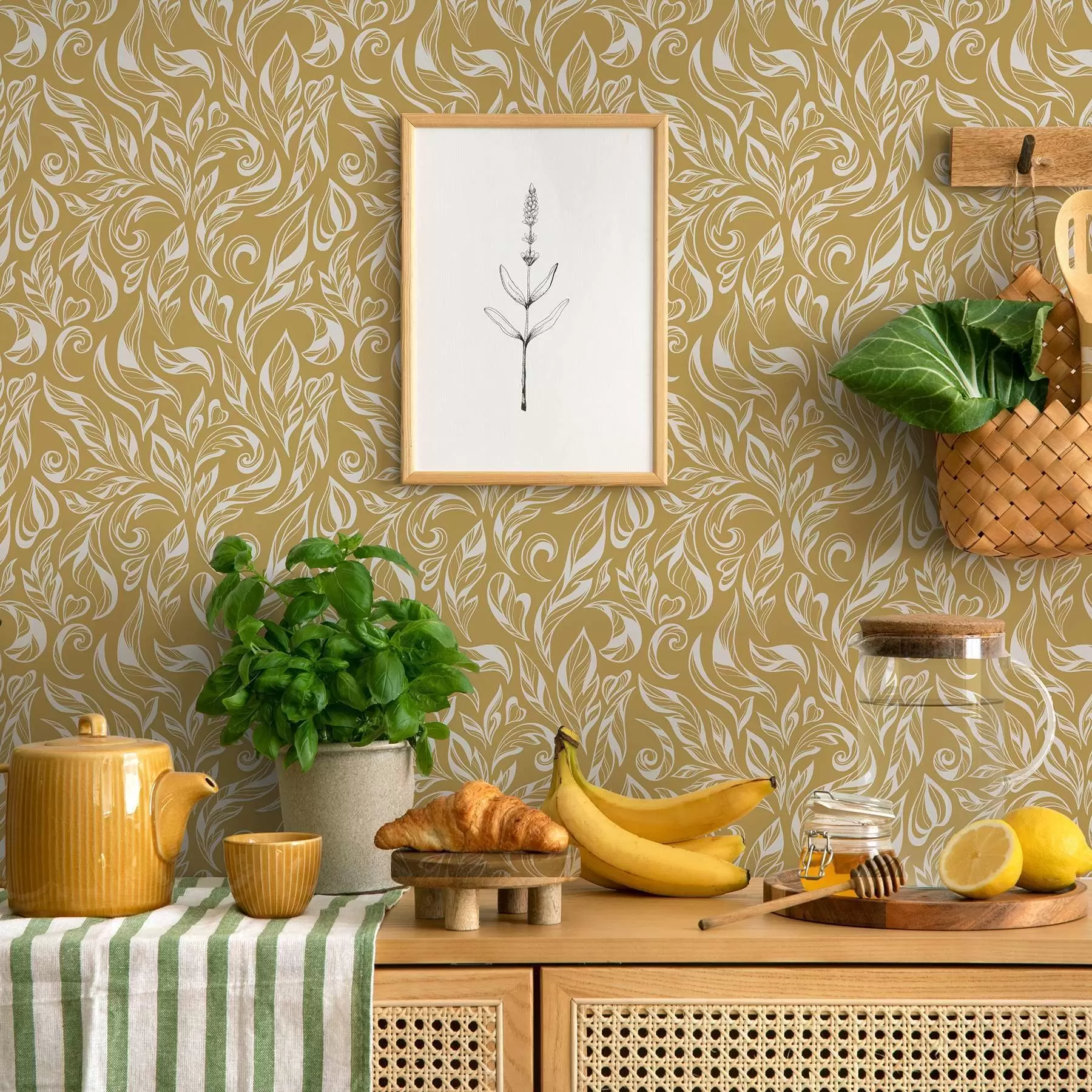 murais de parede Ornamento folhoso branco-creme sobre um fundo ocre quente a00940v1