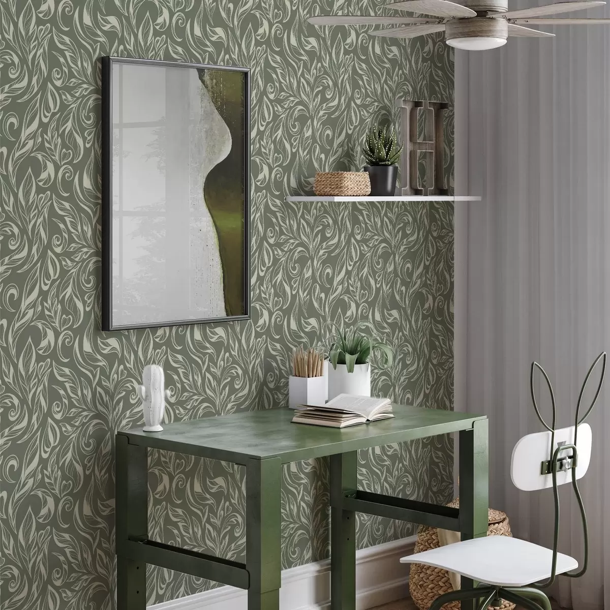 Papel de parede Ornamento folhoso creme sobre fundo cinza esverdeado a00940v2