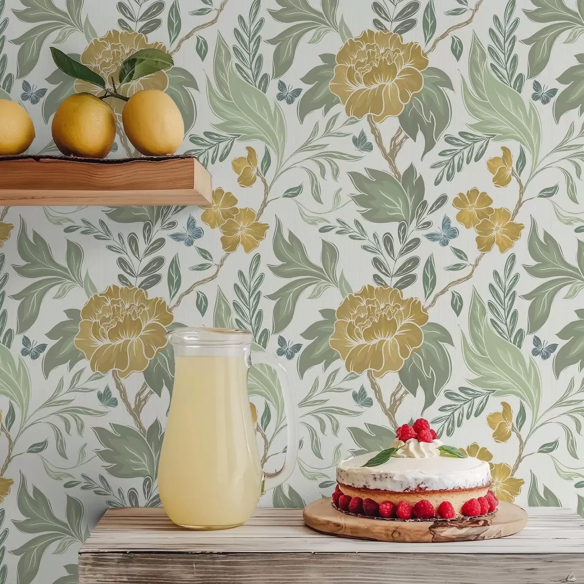 Papel de parede Grandes peônias amarelas e folhagem sobre um fundo claro a00941