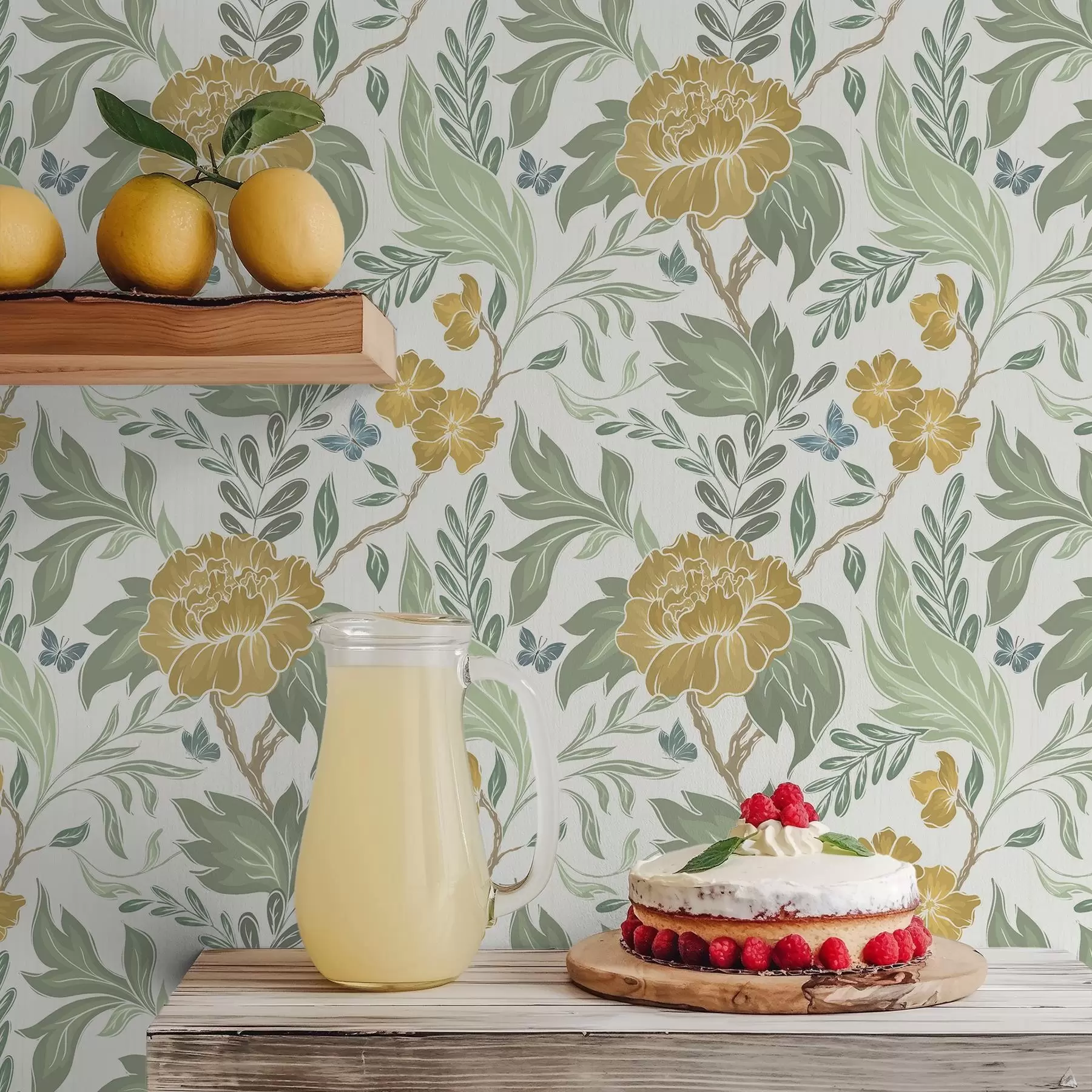 murais de parede Grandes peônias amarelas e folhagem sobre um fundo claro a00941