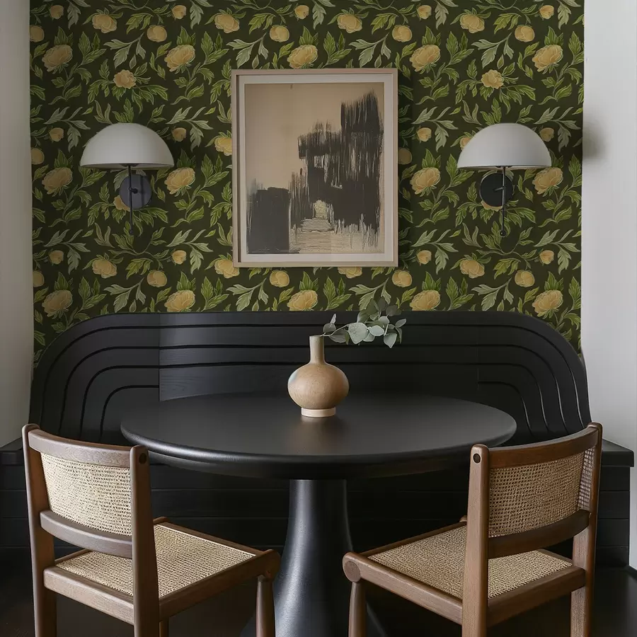 murais de parede Peônias amarelas sobre um fundo verde escuro intenso a00942v1