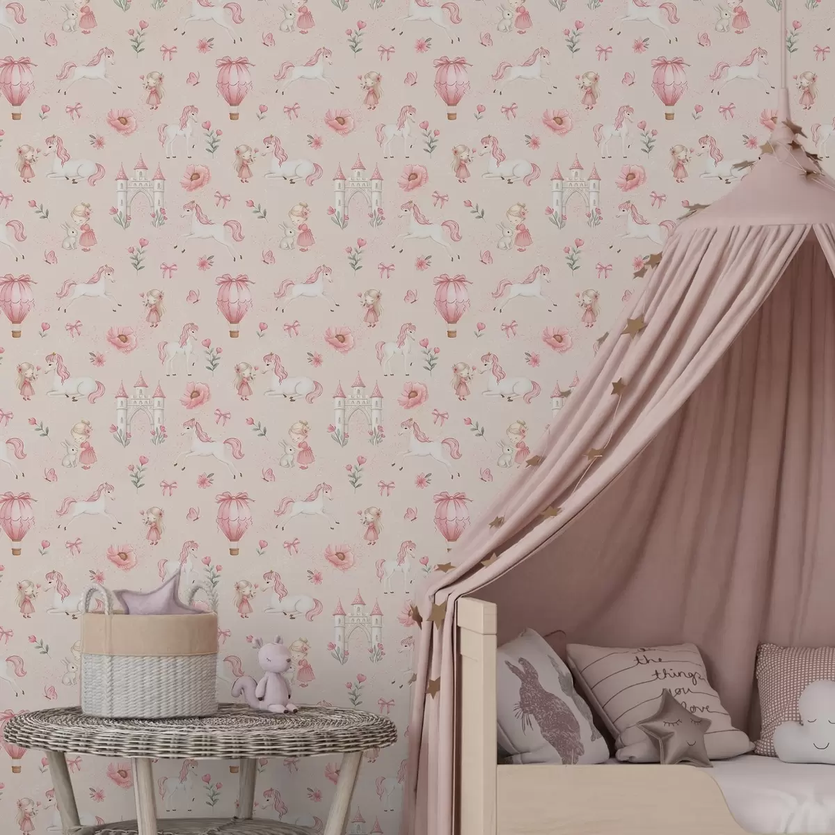 Papel de parede Unicórnios cor-de-rosa, meninas e um castelo num fundo suave a00957