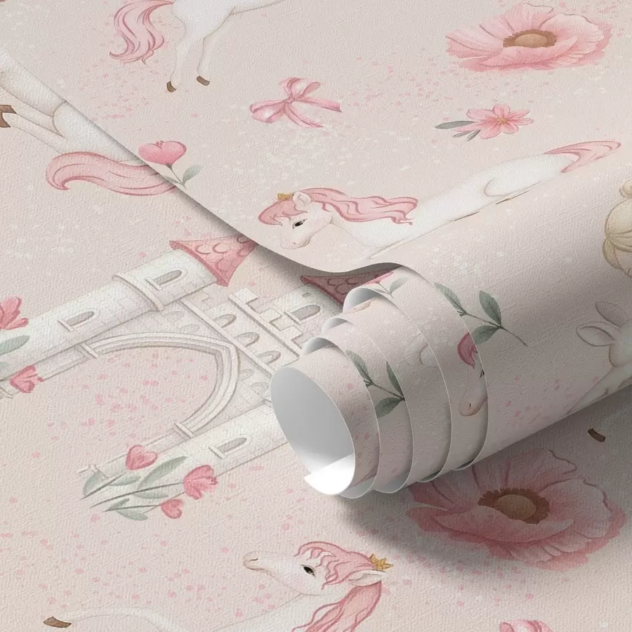 murais de parede Unicórnios cor-de-rosa, meninas e um castelo num fundo suave a00957