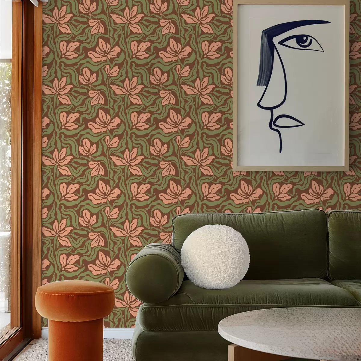 Papel de parede Flores de pessegueiro e folhagem sobre um fundo castanho escuro a00958v2