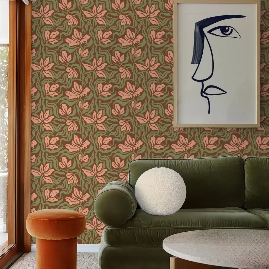 murais de parede Flores de pessegueiro e folhagem sobre um fundo castanho escuro a00958v2