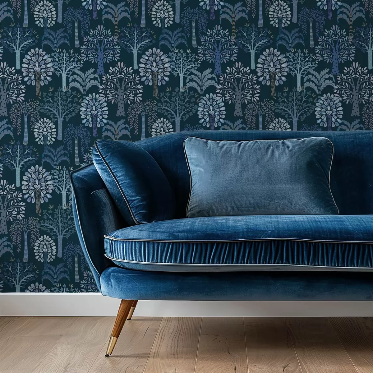 Papel de parede Floresta noturna com árvores decorativas em tons de azul a00960v2