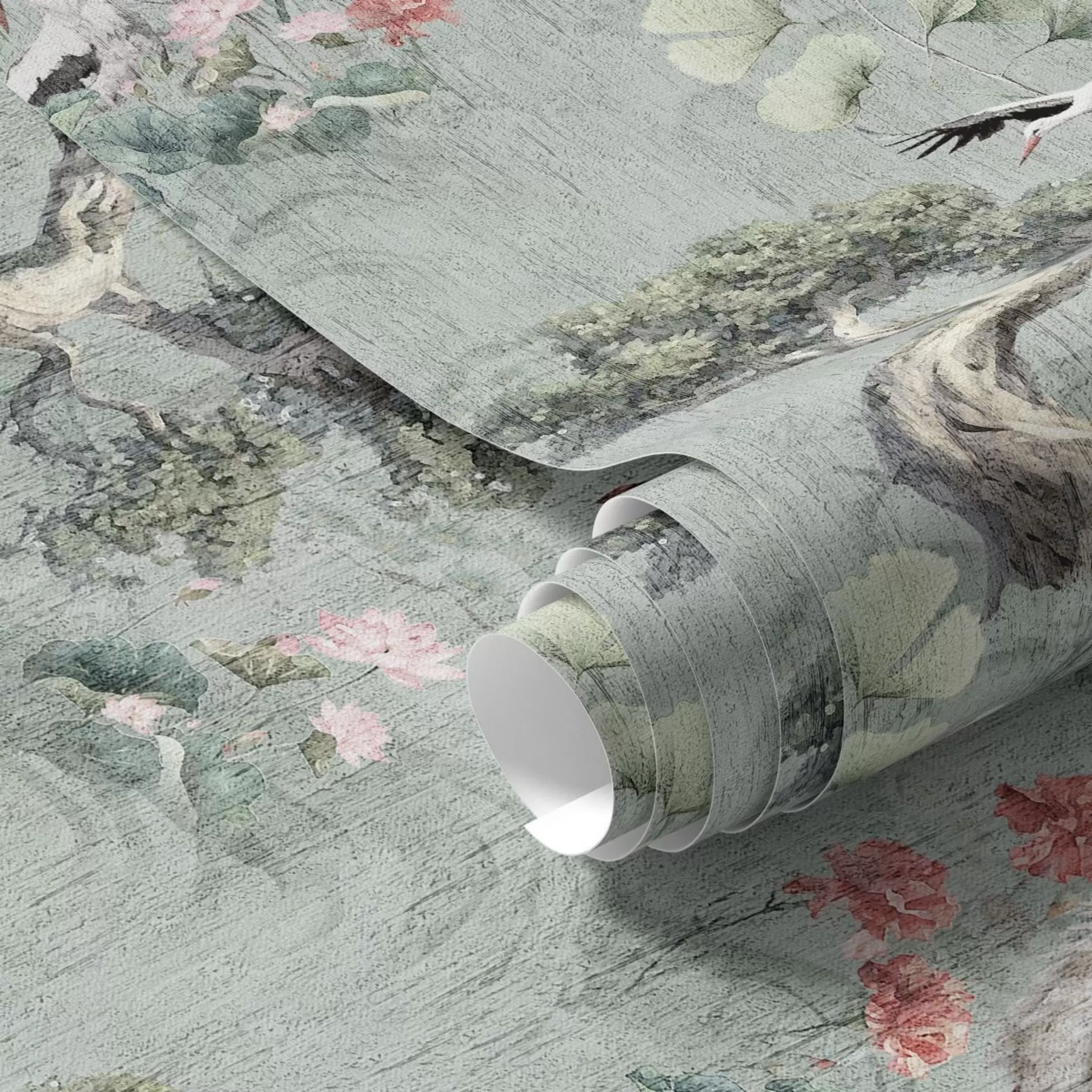 murais de parede Guindastes entre pinheiros e lótus num fundo verde tranquilo a00962