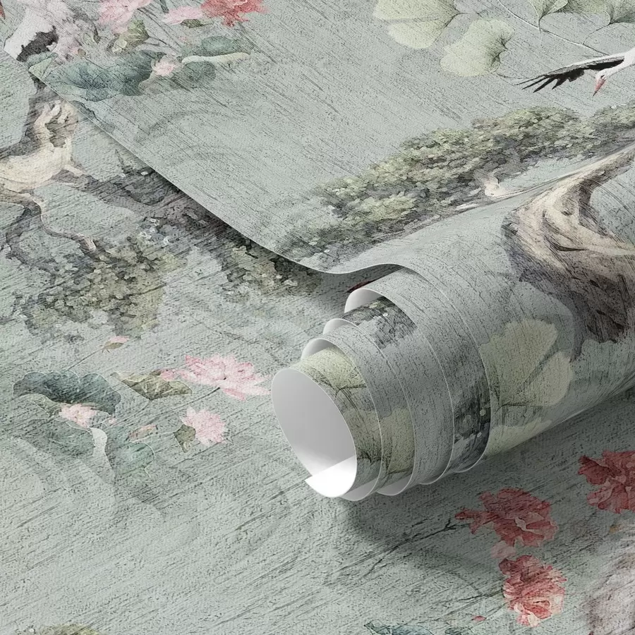 murais de parede Guindastes entre pinheiros e lótus num fundo verde tranquilo a00962