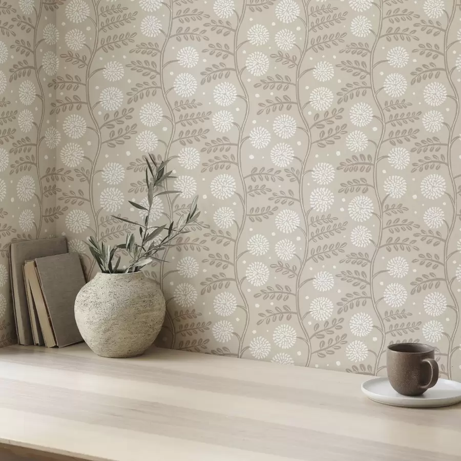 murais de parede Caules bege com flores brancas fofas e pontos suaves a00997