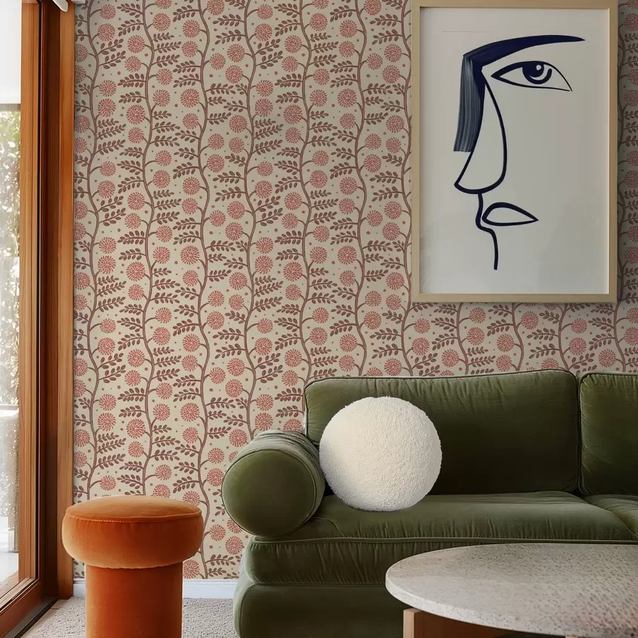 murais de parede Caules em terracota com flores corais fofas sobre um fundo creme a00997v1