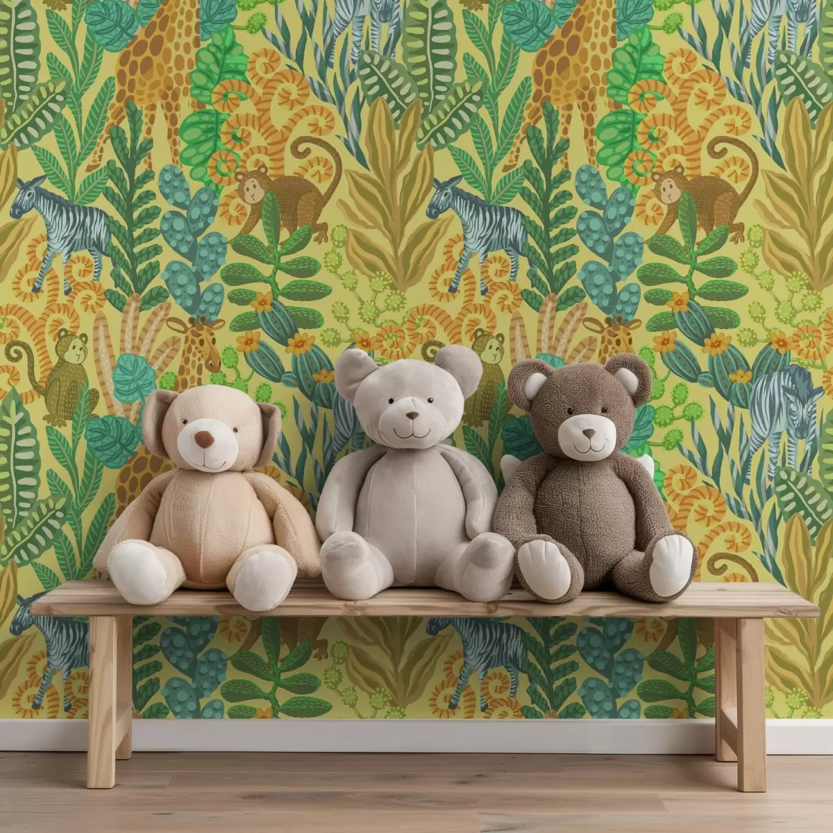 Papel de parede Girafa, zebra e macaco numa savana amarela brilhante a01000v1