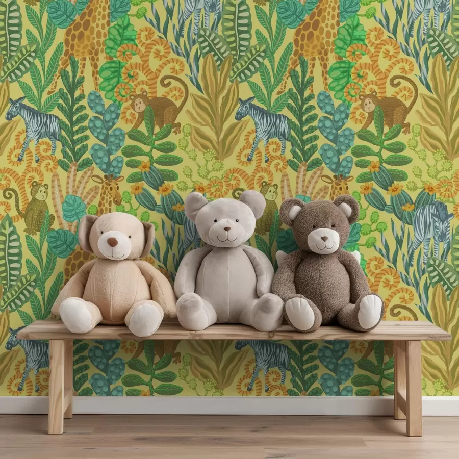 murais de parede Girafa, zebra e macaco numa savana amarela brilhante a01000v1