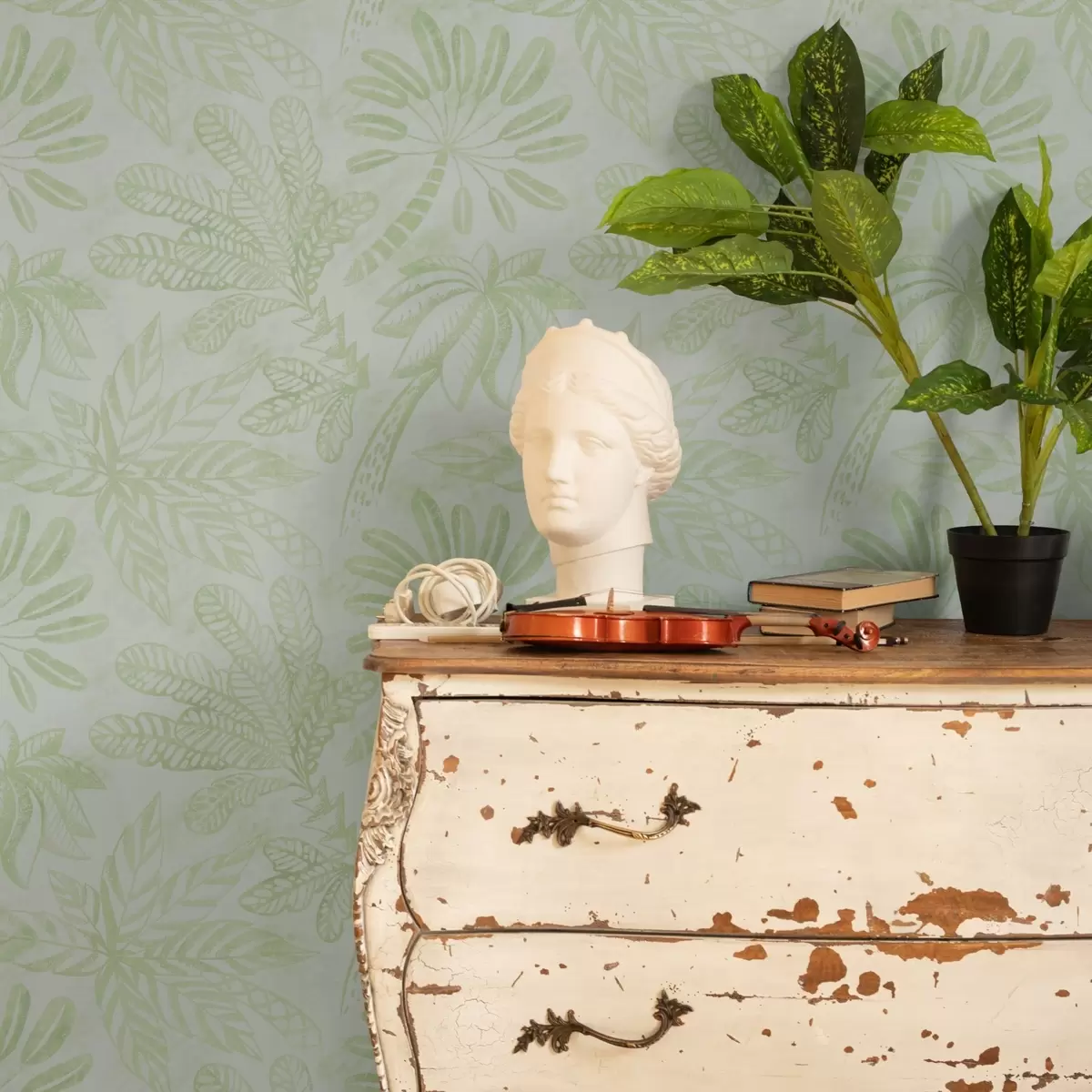 Papel de parede Folhas tropicais esboçadas em tons frescos de verde claro a01001v1