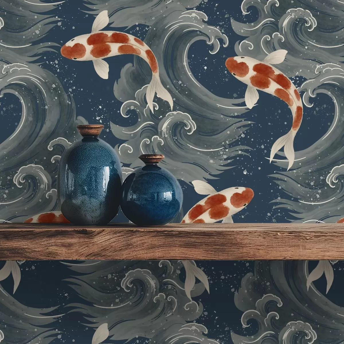 Papel de parede Peixes koi nadando entre ondas dramáticas do oceano a01019