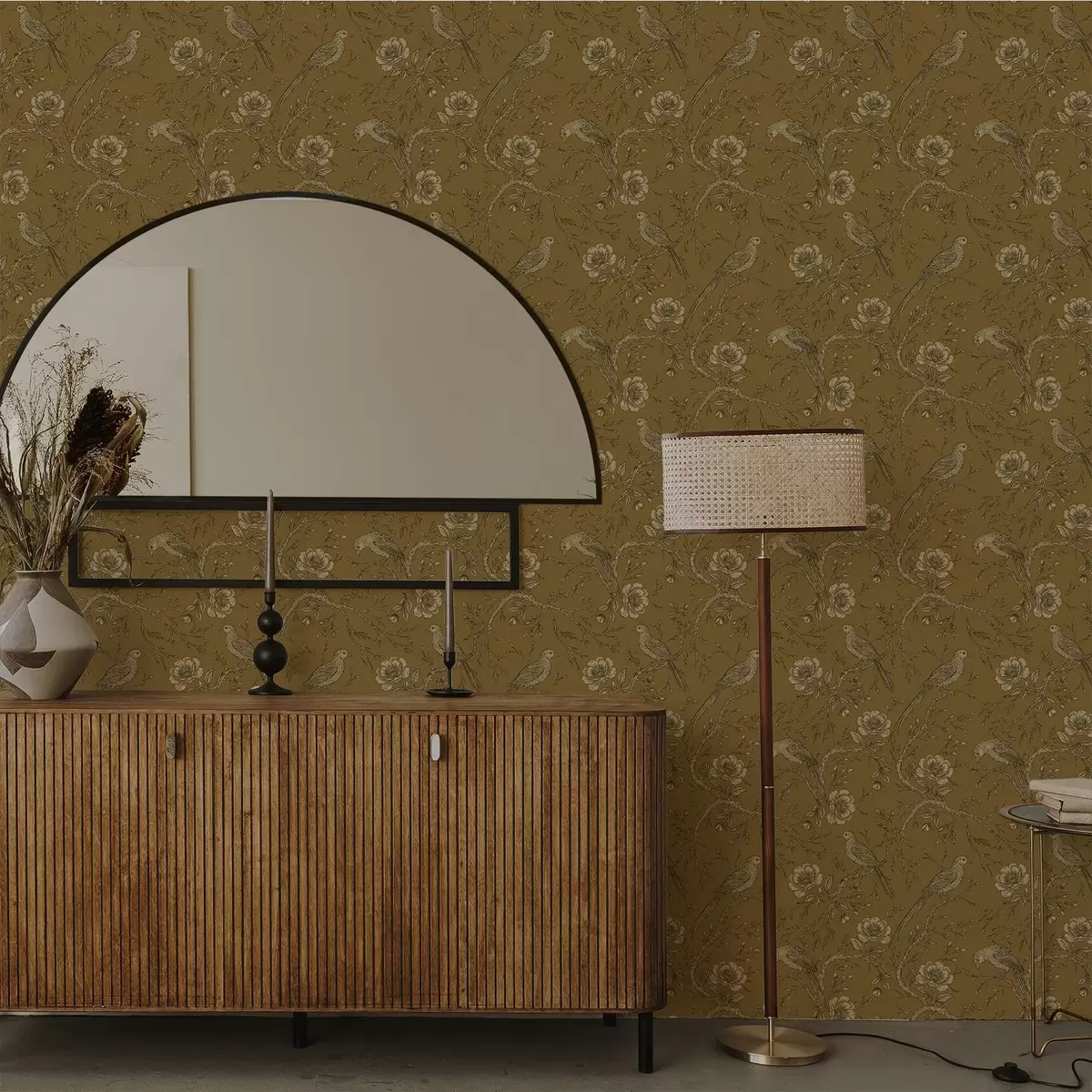 Papel de parede Pássaros e flores vintage sobre um fundo verde-oliva quente a01022v1