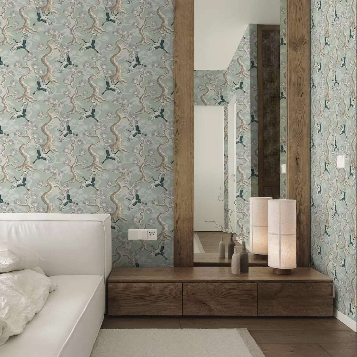 Papel de parede Guindastes entre ramos curvos num fundo suave cor de salva a01023