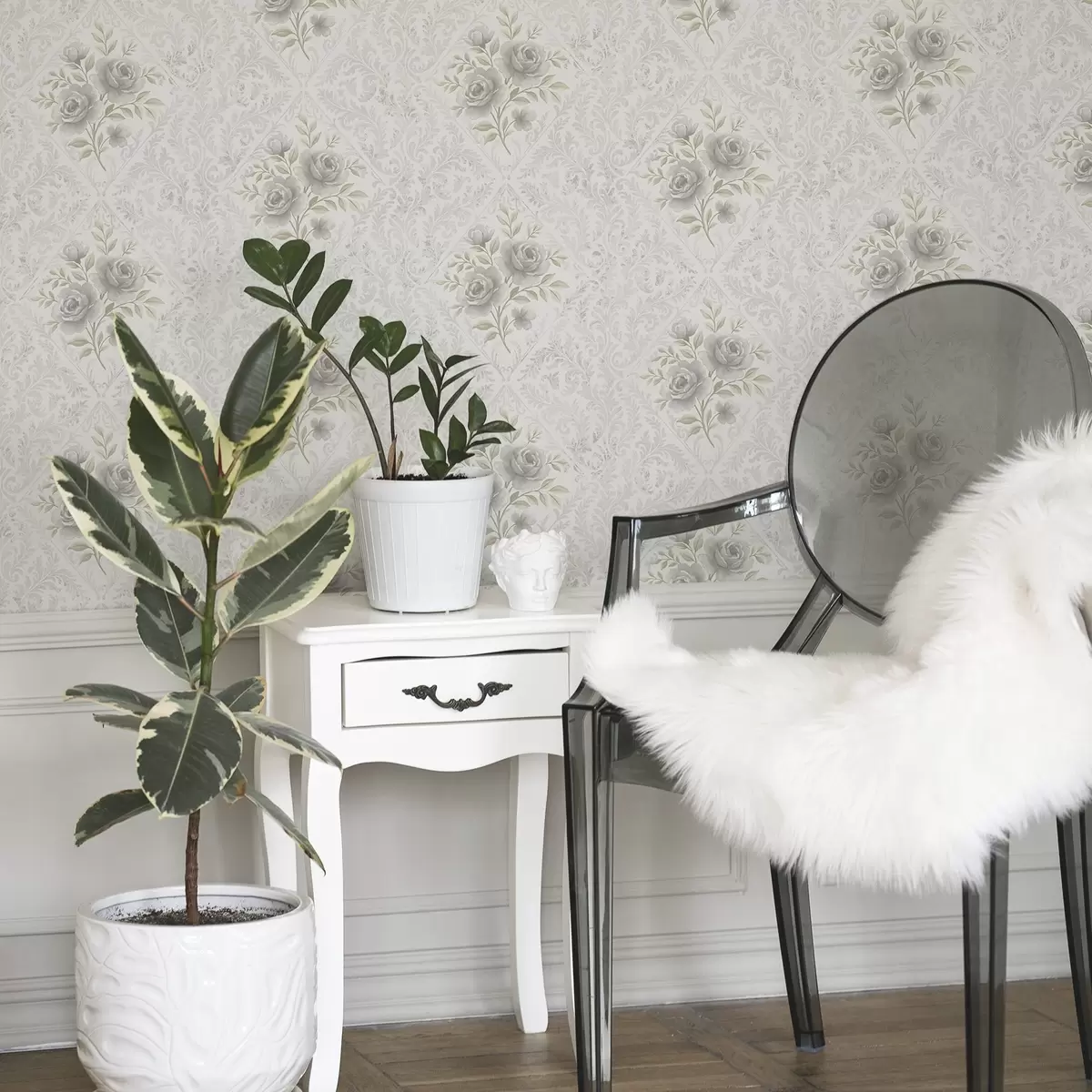 Papel de parede Padrão damasco claro com rosas cinzentas em losangos suaves a01024