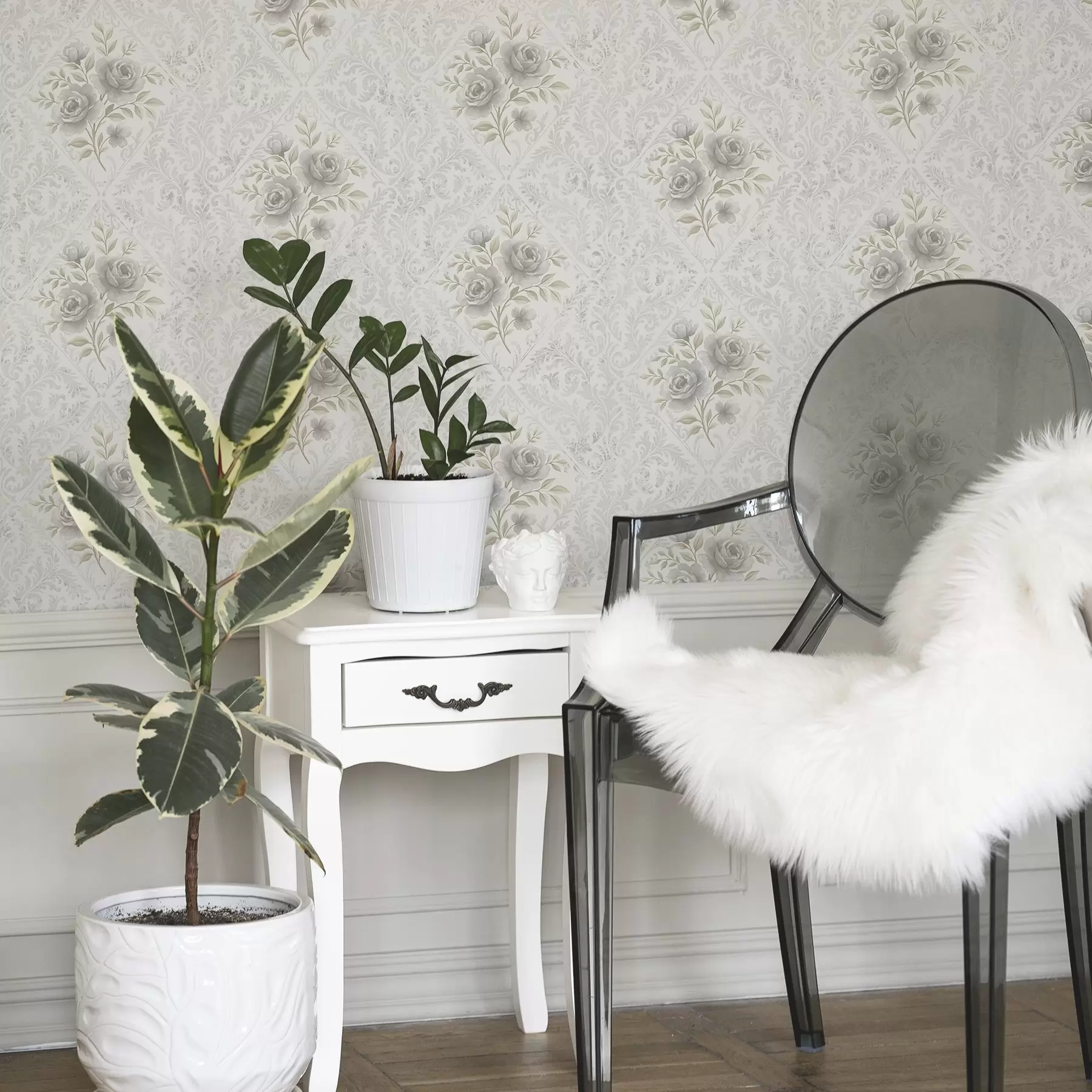 murais de parede Padrão damasco claro com rosas cinzentas em losangos suaves a01024