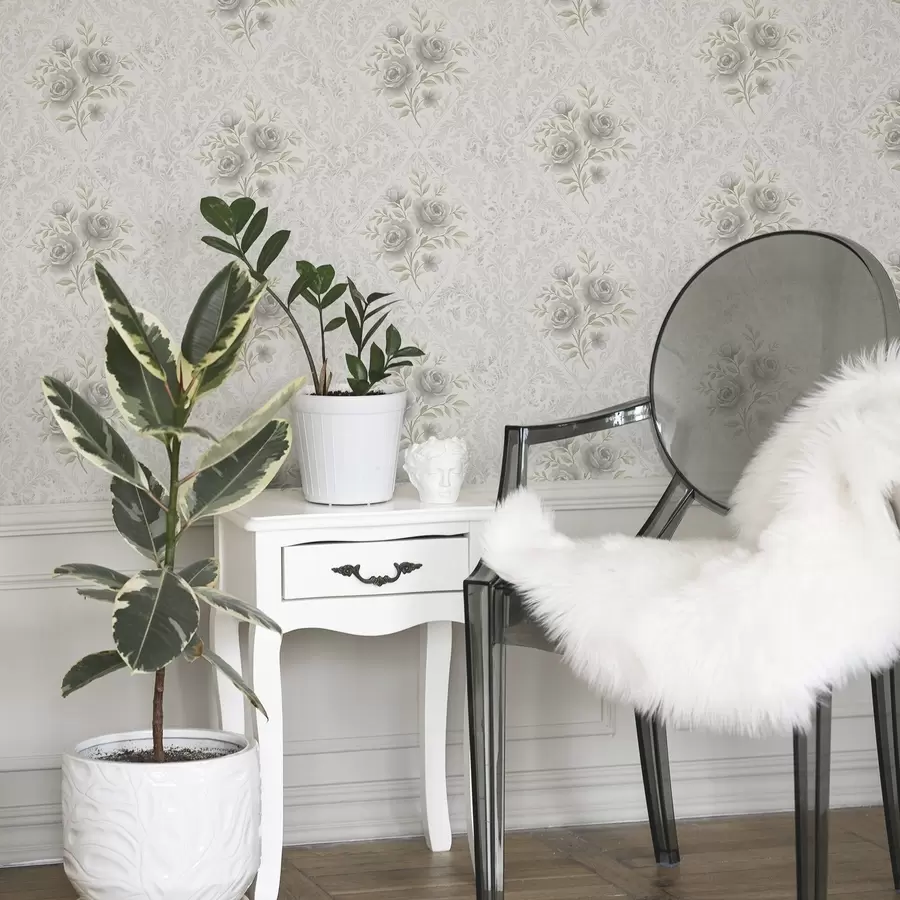 murais de parede Padrão damasco claro com rosas cinzentas em losangos suaves a01024