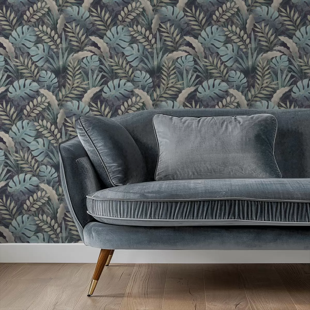 Papel de parede Folhagem tropical em tons frios de azul esverdeado a01035