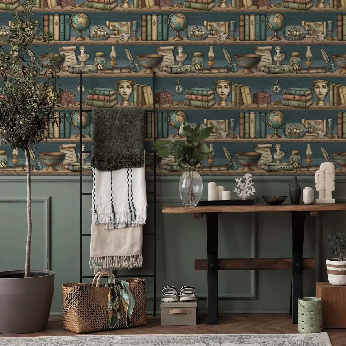 Papel de parede Prateleiras vintage com livros, um globo e curiosidades marítimas a01036