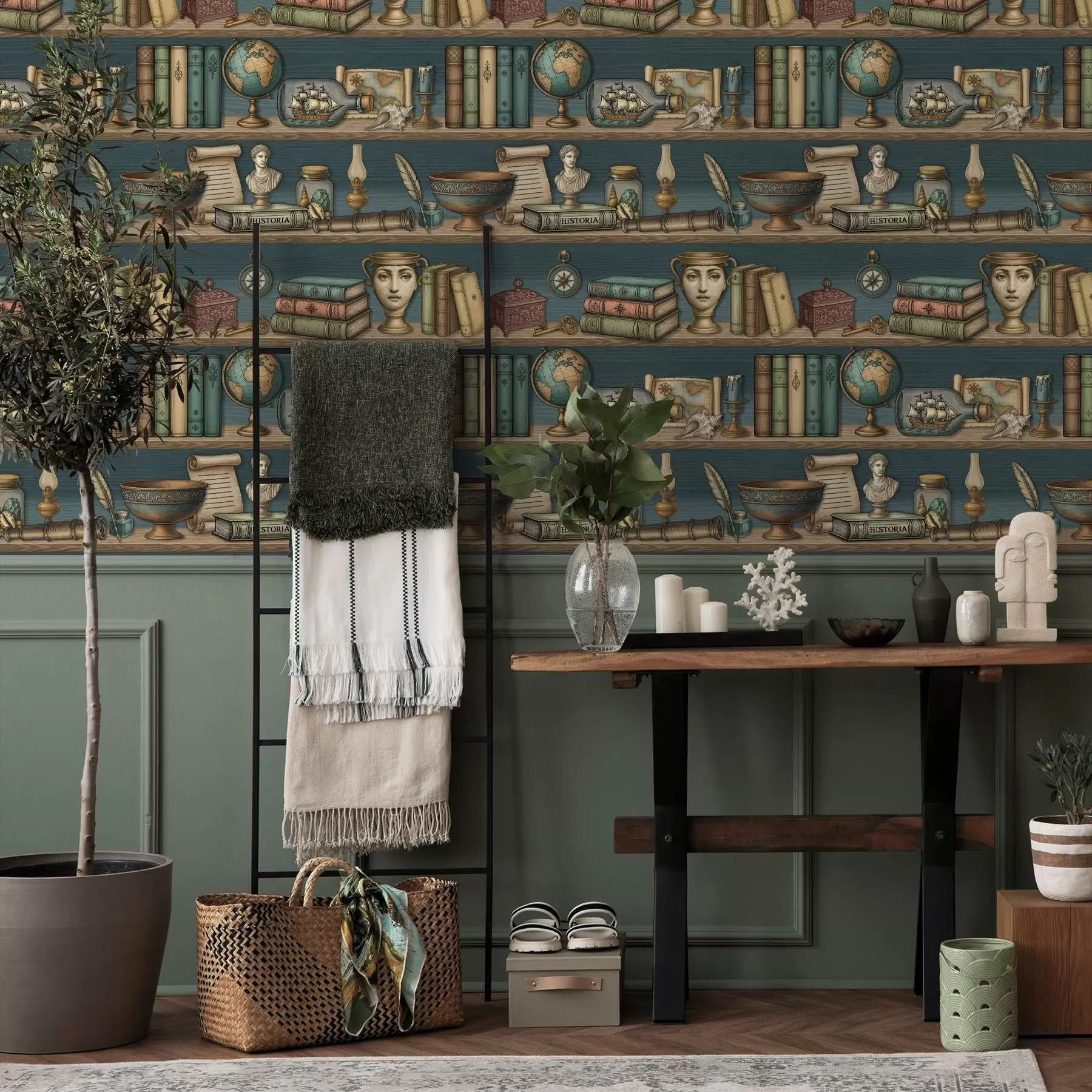 murais de parede Prateleiras vintage com livros, um globo e curiosidades marítimas a01036