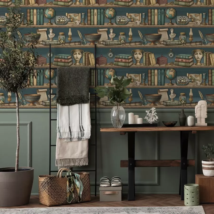 murais de parede Prateleiras vintage com livros, um globo e curiosidades marítimas a01036