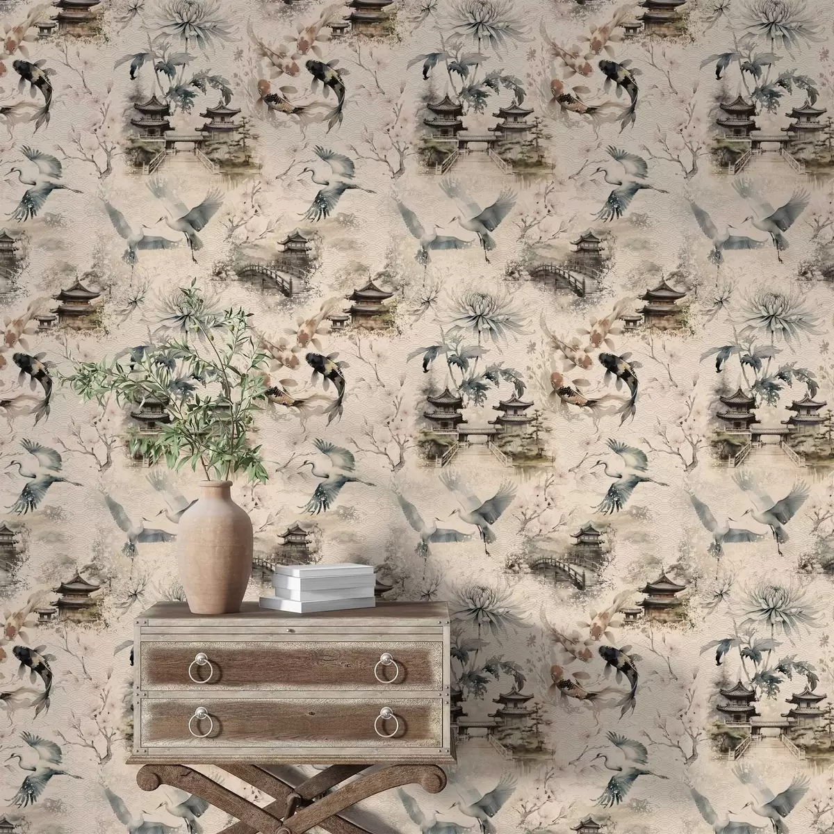 Papel de parede Templos japoneses, peixes koi e garças num fundo suave a01040