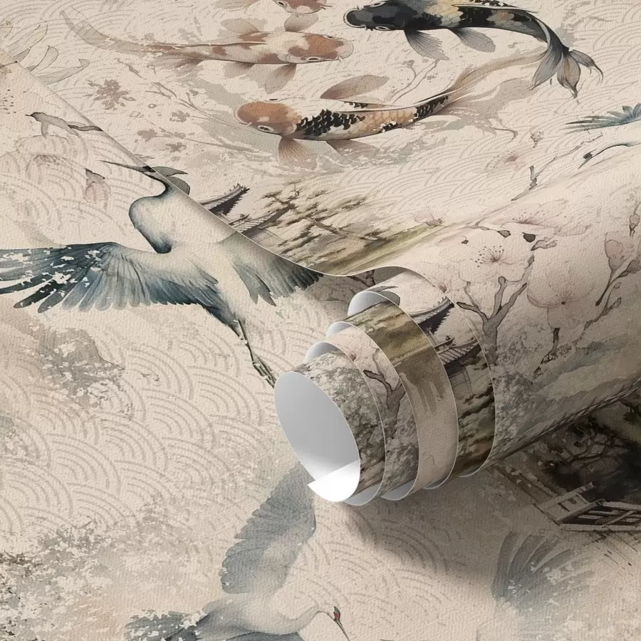 murais de parede Templos japoneses, peixes koi e garças num fundo suave a01040