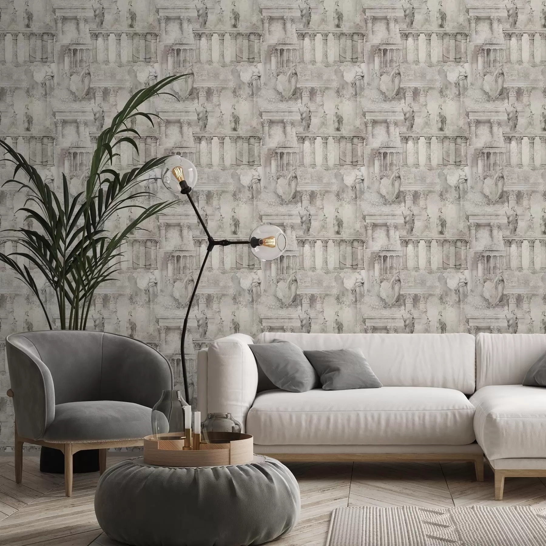 murais de parede Estátuas e colunas antigas em tons suaves de bege-cinza a01041