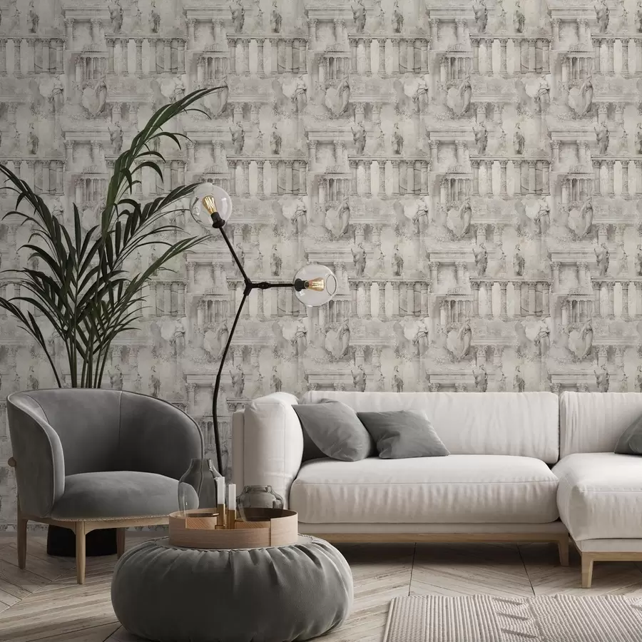 murais de parede Estátuas e colunas antigas em tons suaves de bege-cinza a01041