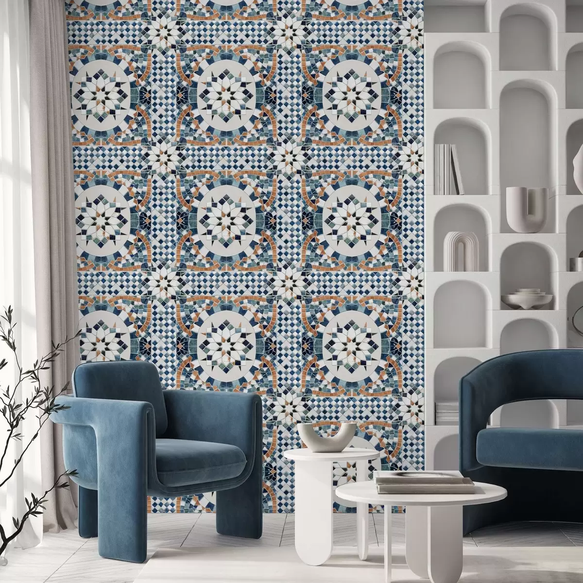 Papel de parede Mosaico marroquino brilhante em tons de azul-turquesa a01043