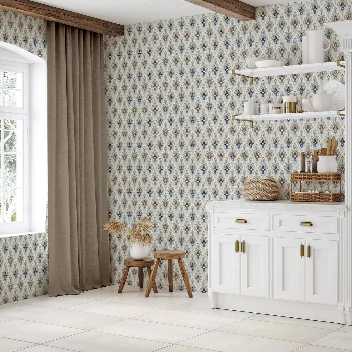 Papel de parede Padrão oriental de pequenos azulejos numa paleta de tons azul-areia a01044