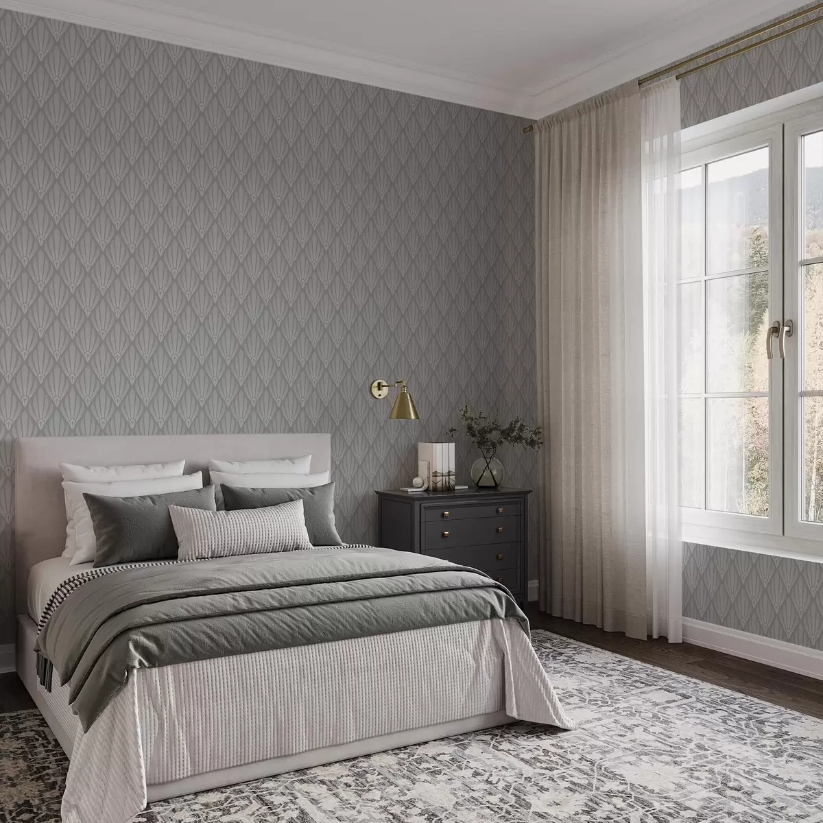 Papel de parede Art Déco cinzento com formas em leque a01064