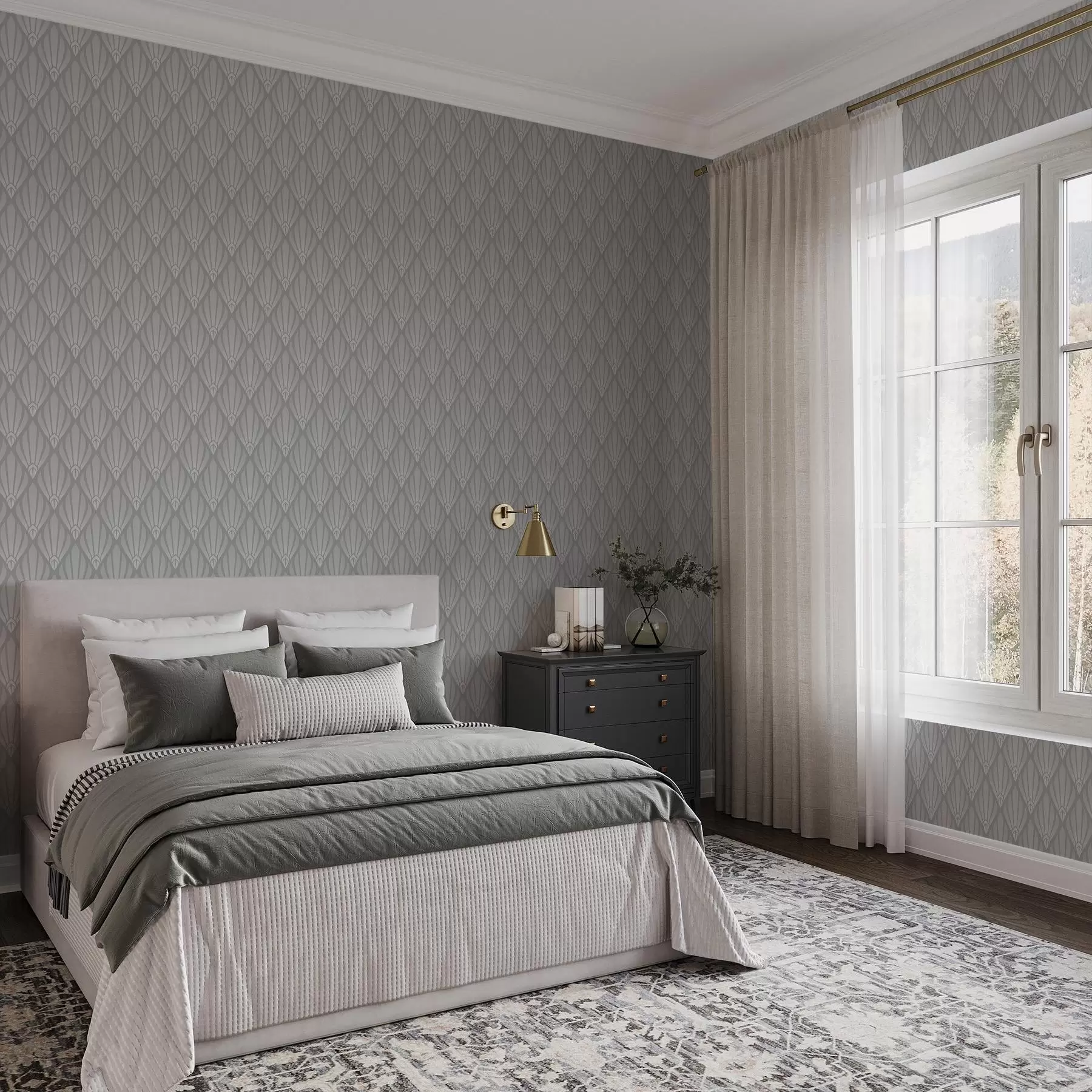 murais de parede Art Déco cinzento com formas em leque a01064