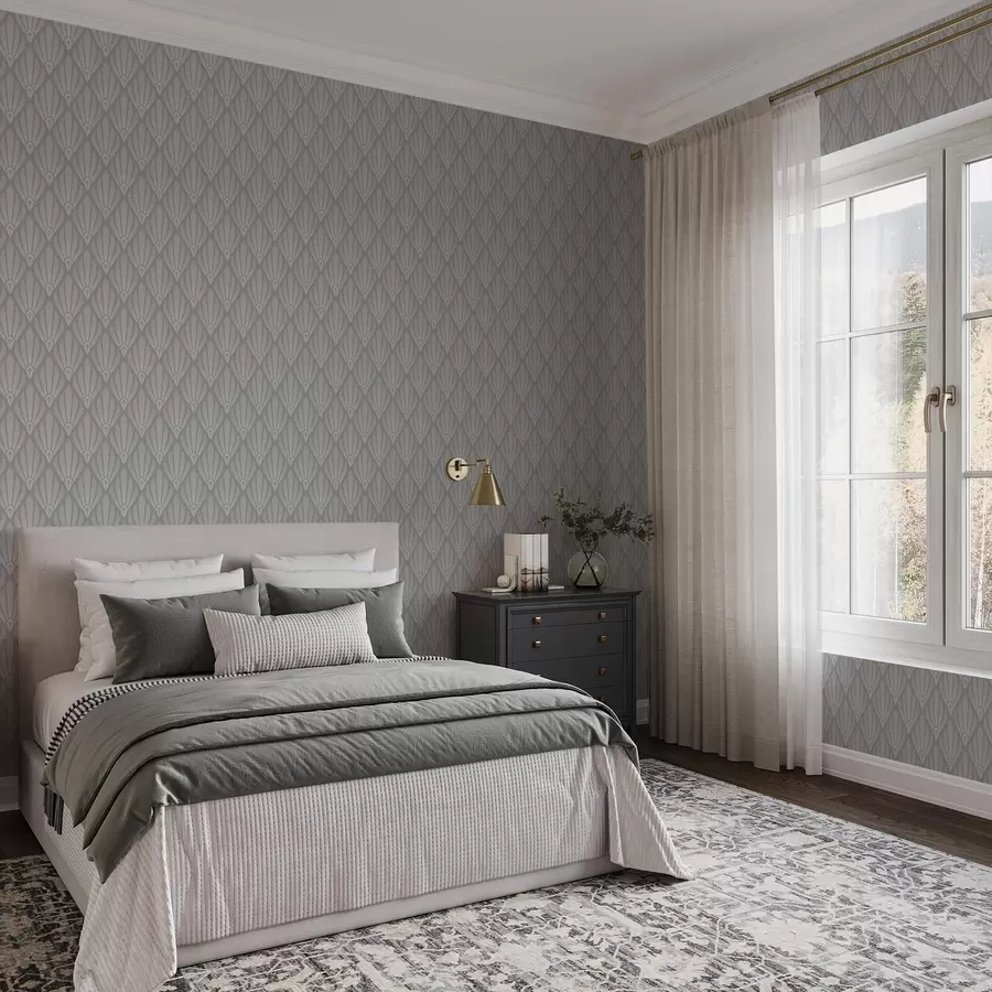 murais de parede Art Déco cinzento com formas em leque a01064