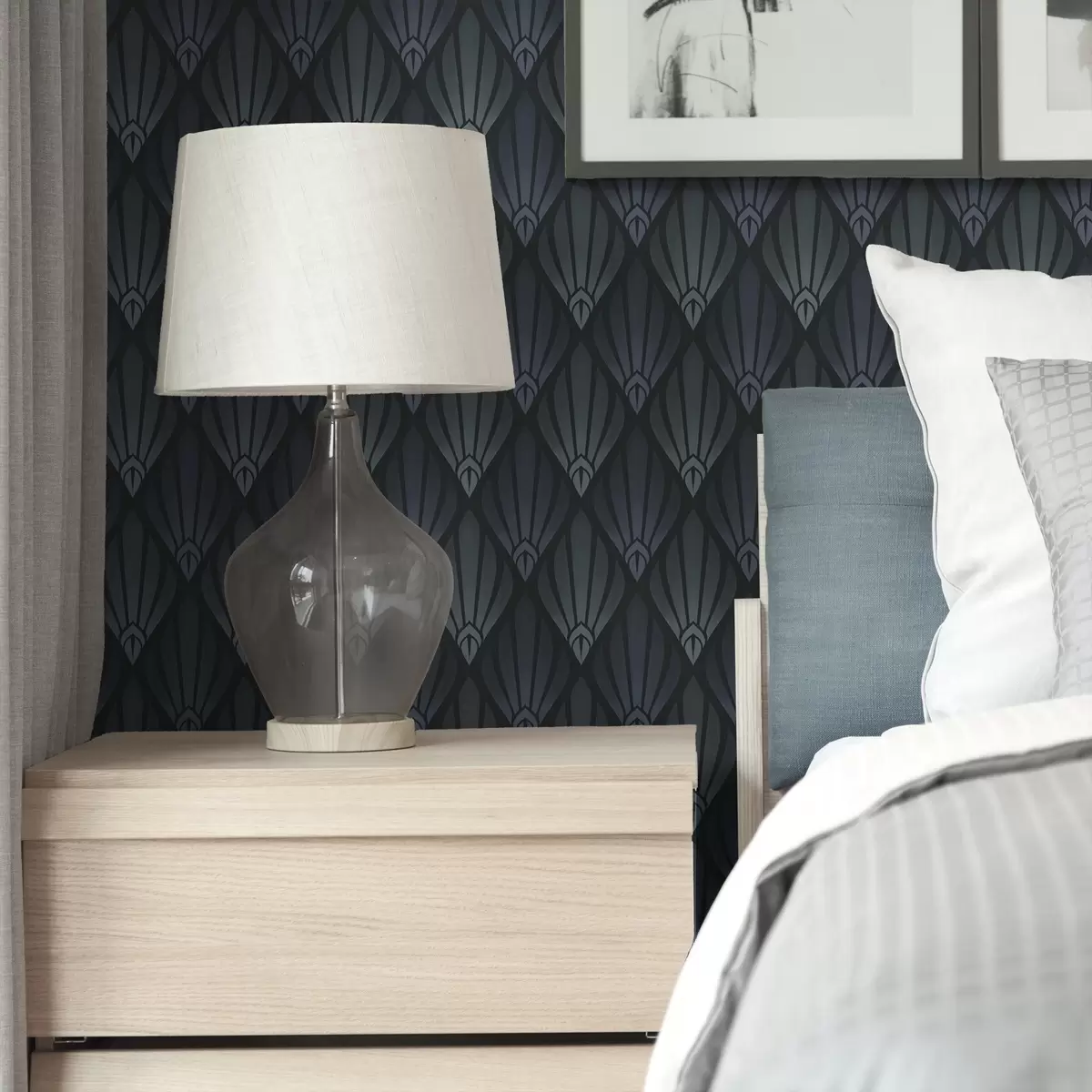 Papel de parede Art Déco azul-acinzentado fresco com formas em leque a01064v3