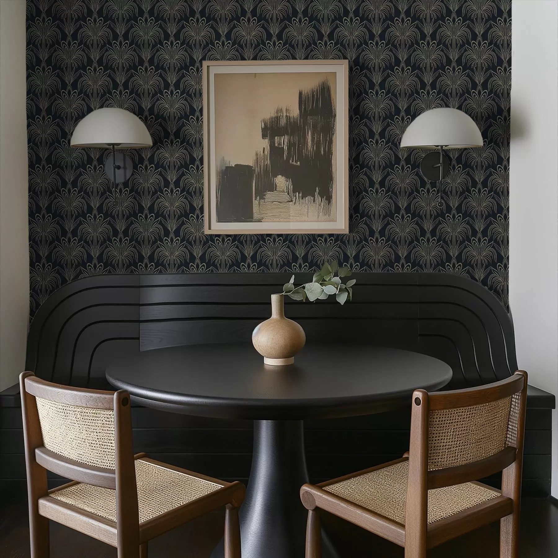 murais de parede Ornamento Art Déco escuro com plantas estilizadas a01065