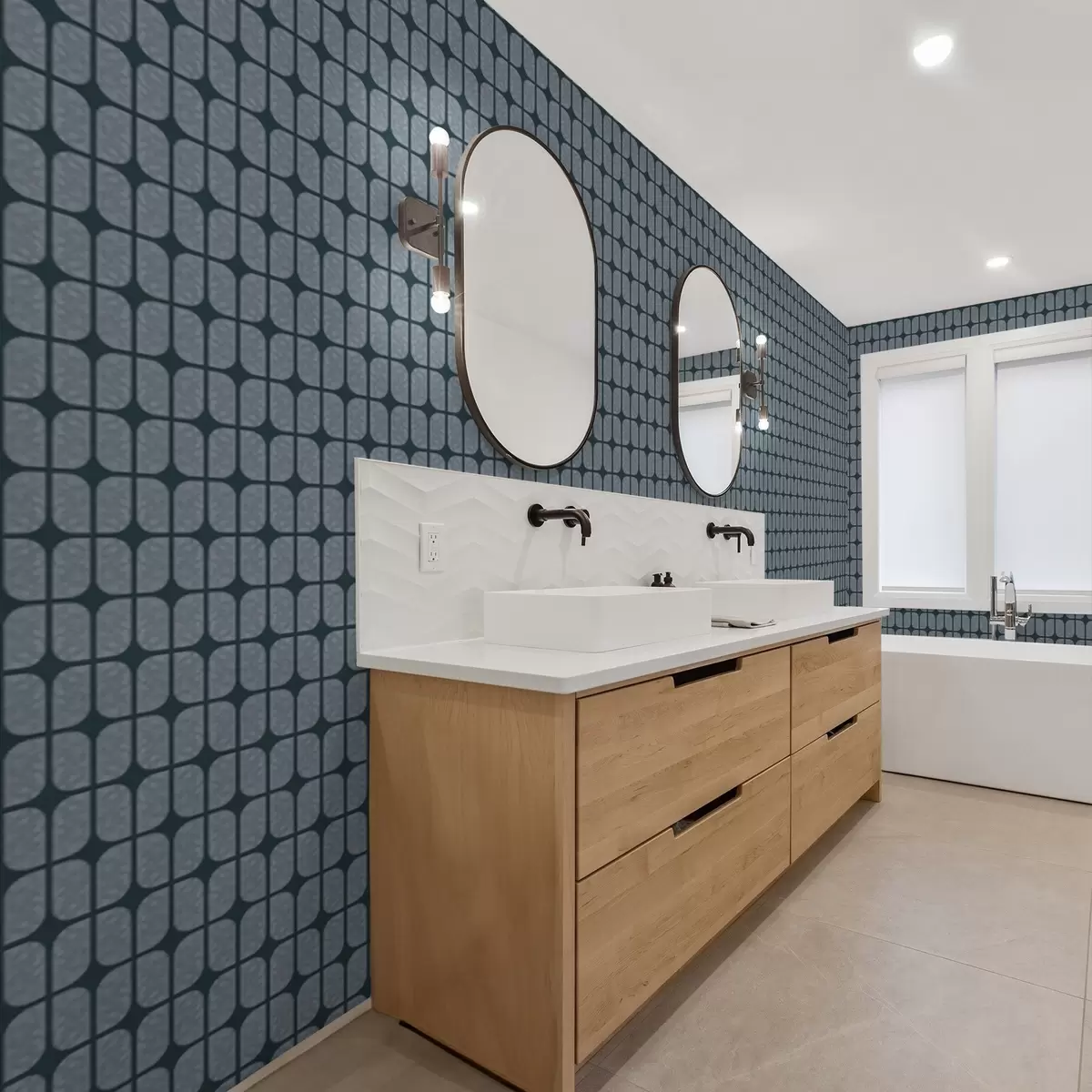 Papel de parede Fundo azul escuro com mosaico cinzento de azulejos arredondados a01068v1