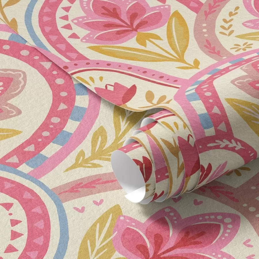 murais de parede Arcos com flores cor-de-rosa num padrão de estilo folclórico a01080