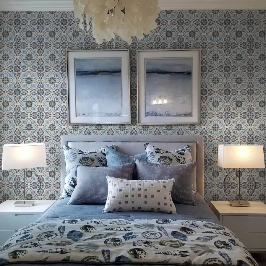 murais de parede Ornamento em estilo azulejo azul-bege pintado em aquarela a01085