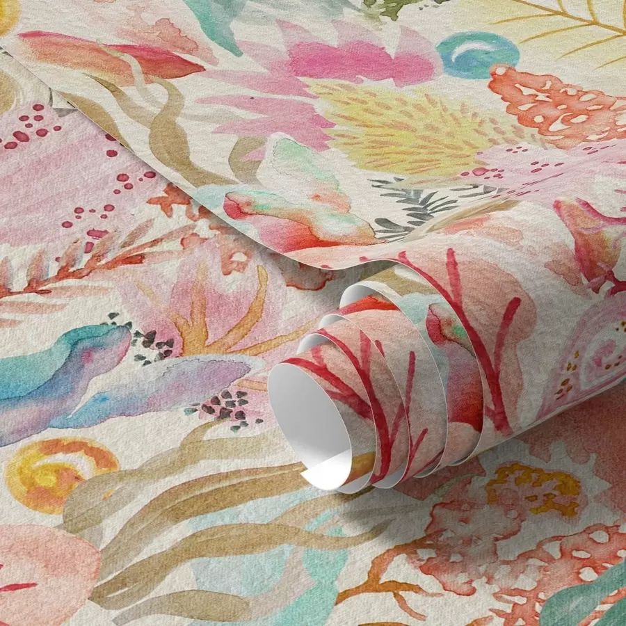 murais de parede Jardim subaquático em aquarela com corais e algas marinhas a01083