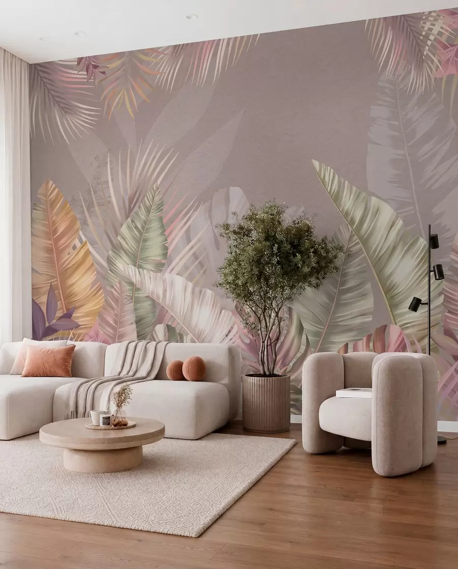 murais de parede Folhas tropicais em tons pastel suaves w01684